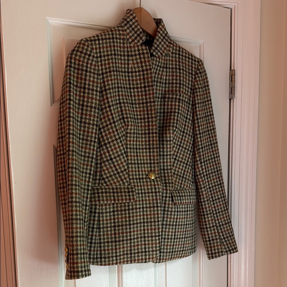 J. Crew Green and Brown Houndstooth Single-Button Blazer